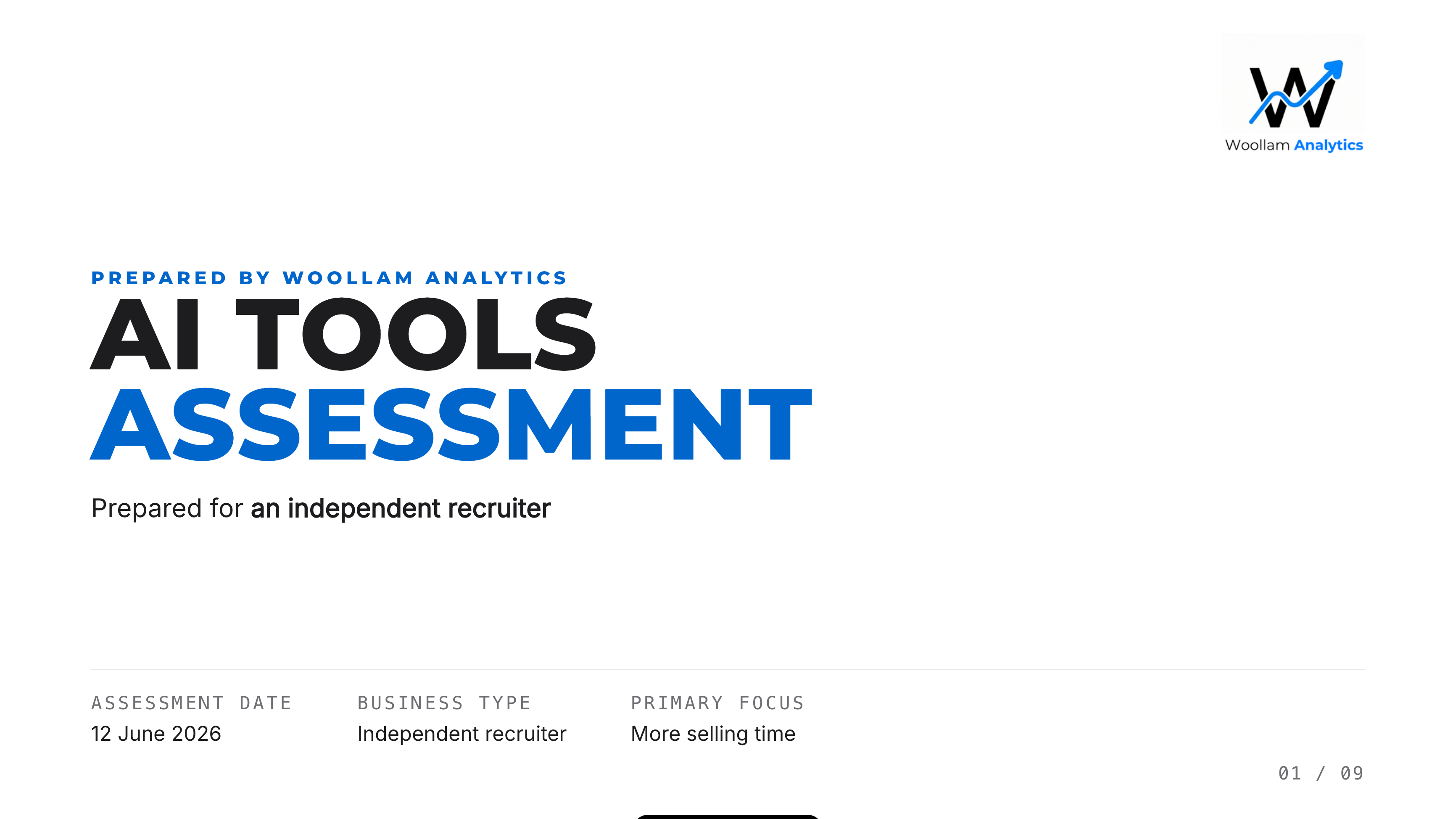 AI Tools Assessment report cover, prepared for a client, with assessment date, business type and primary focus.