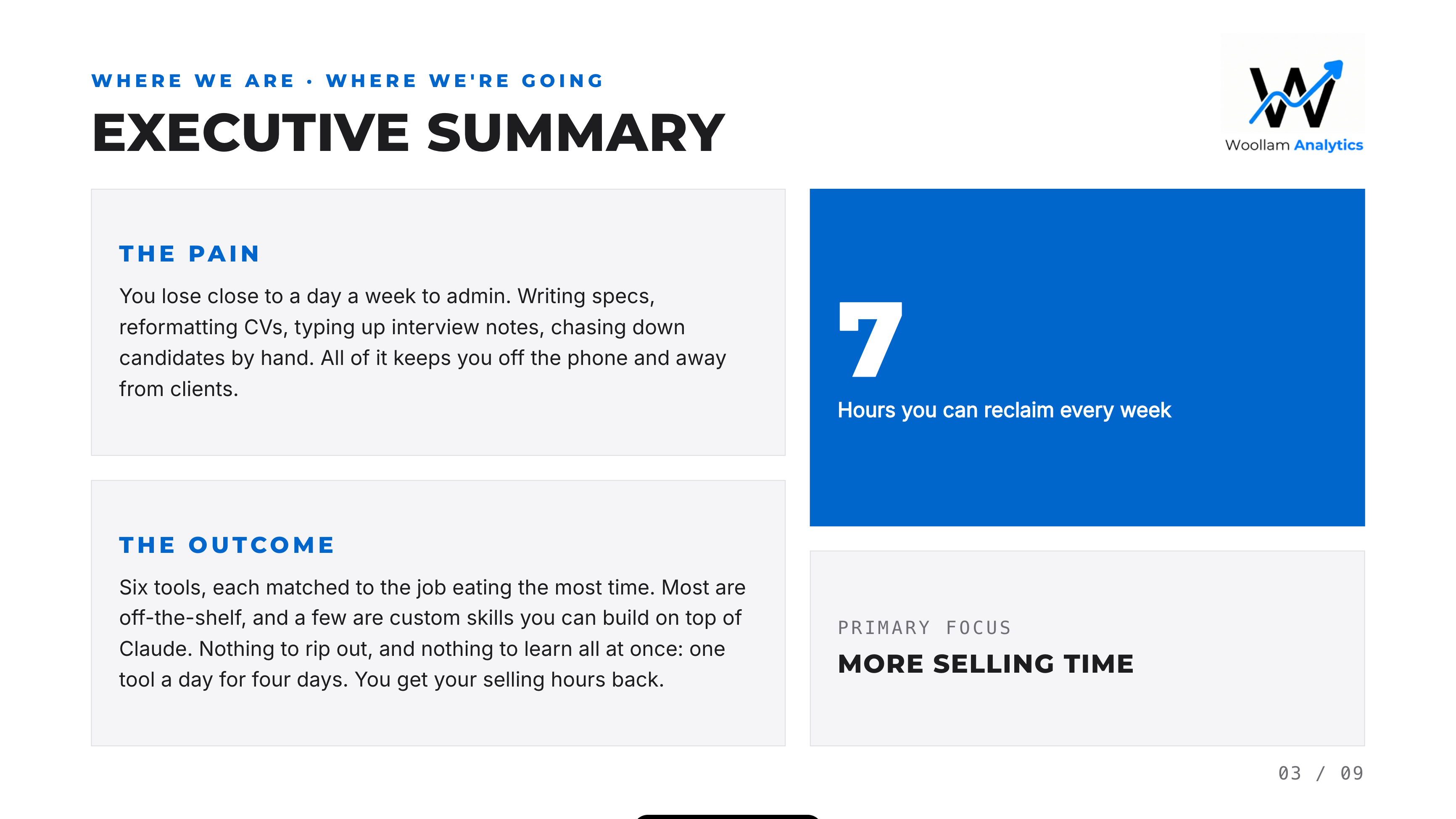 Executive summary page: the main time drains found and the headline opportunities in plain language.
