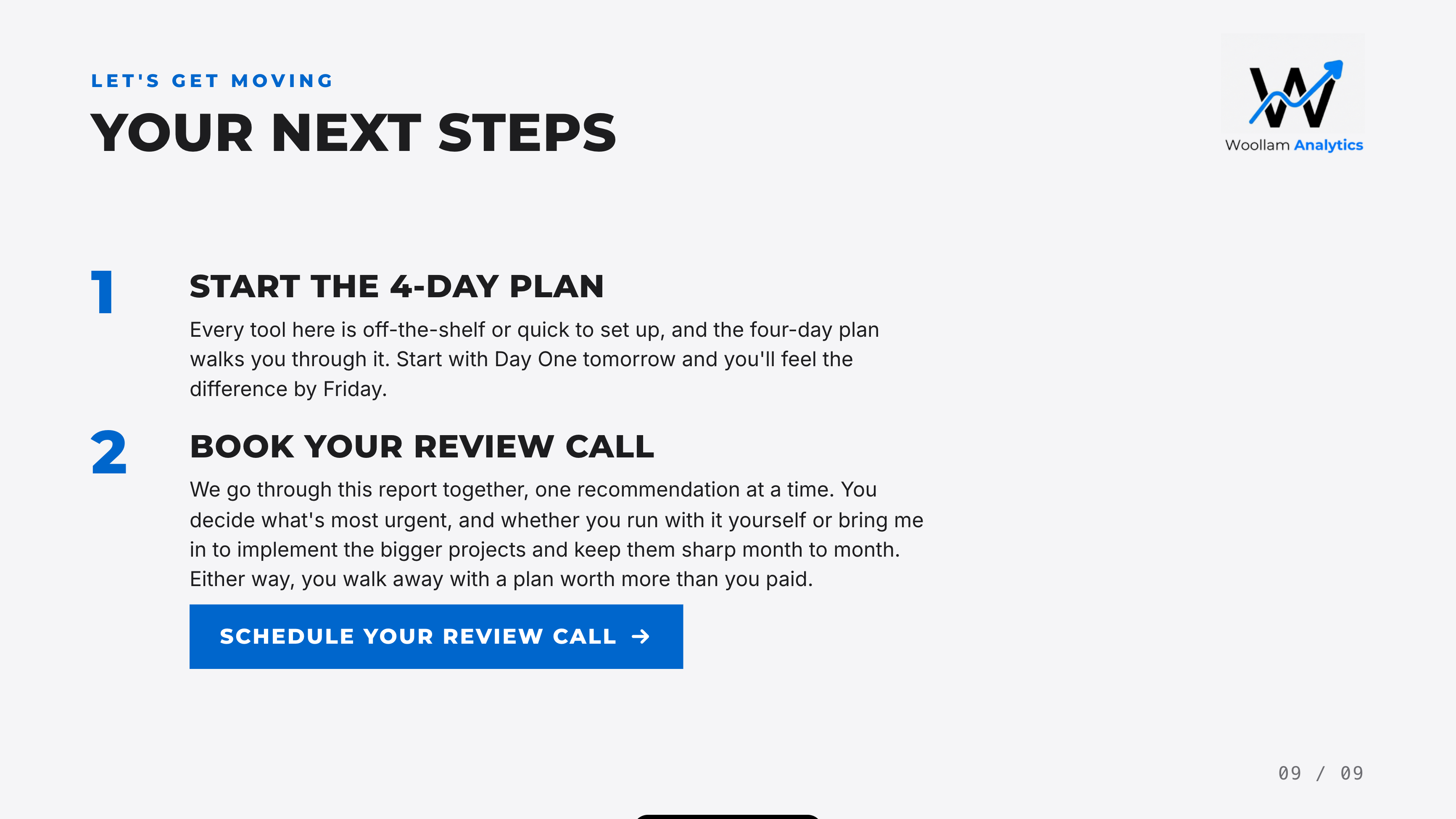 Next steps page: how to start, what implementation covers and how the assessment fee is credited toward a build.
