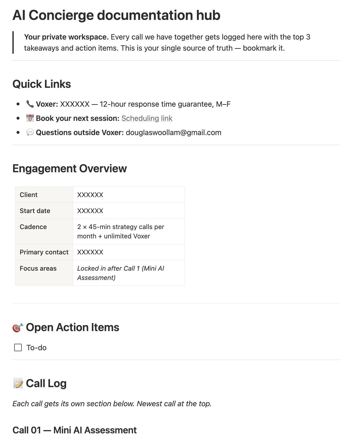 Notion documentation hub logging every call, takeaway and build