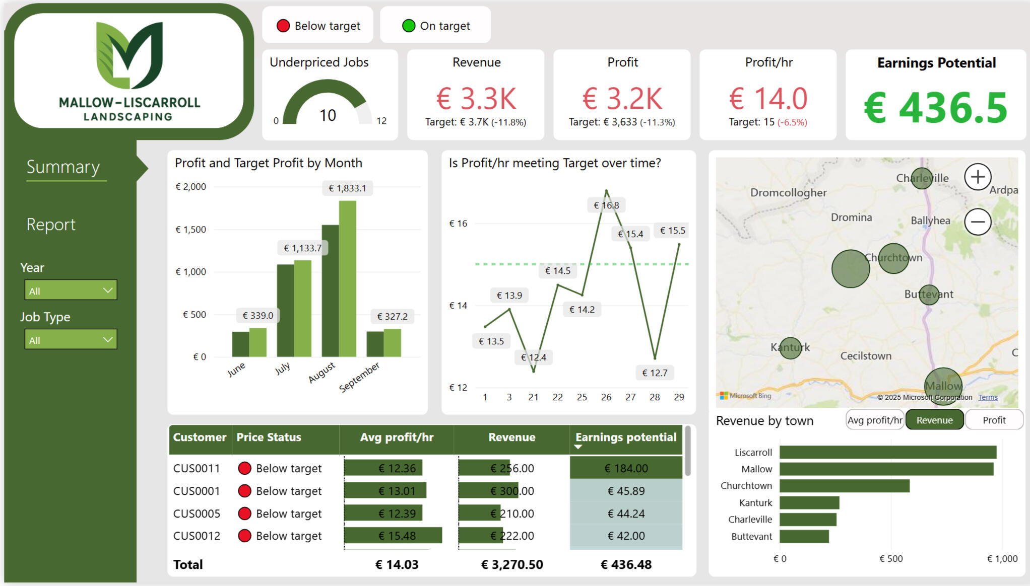 Power BI Overview tab — KPIs, profit by month, profit/hr trend, map and revenue by town