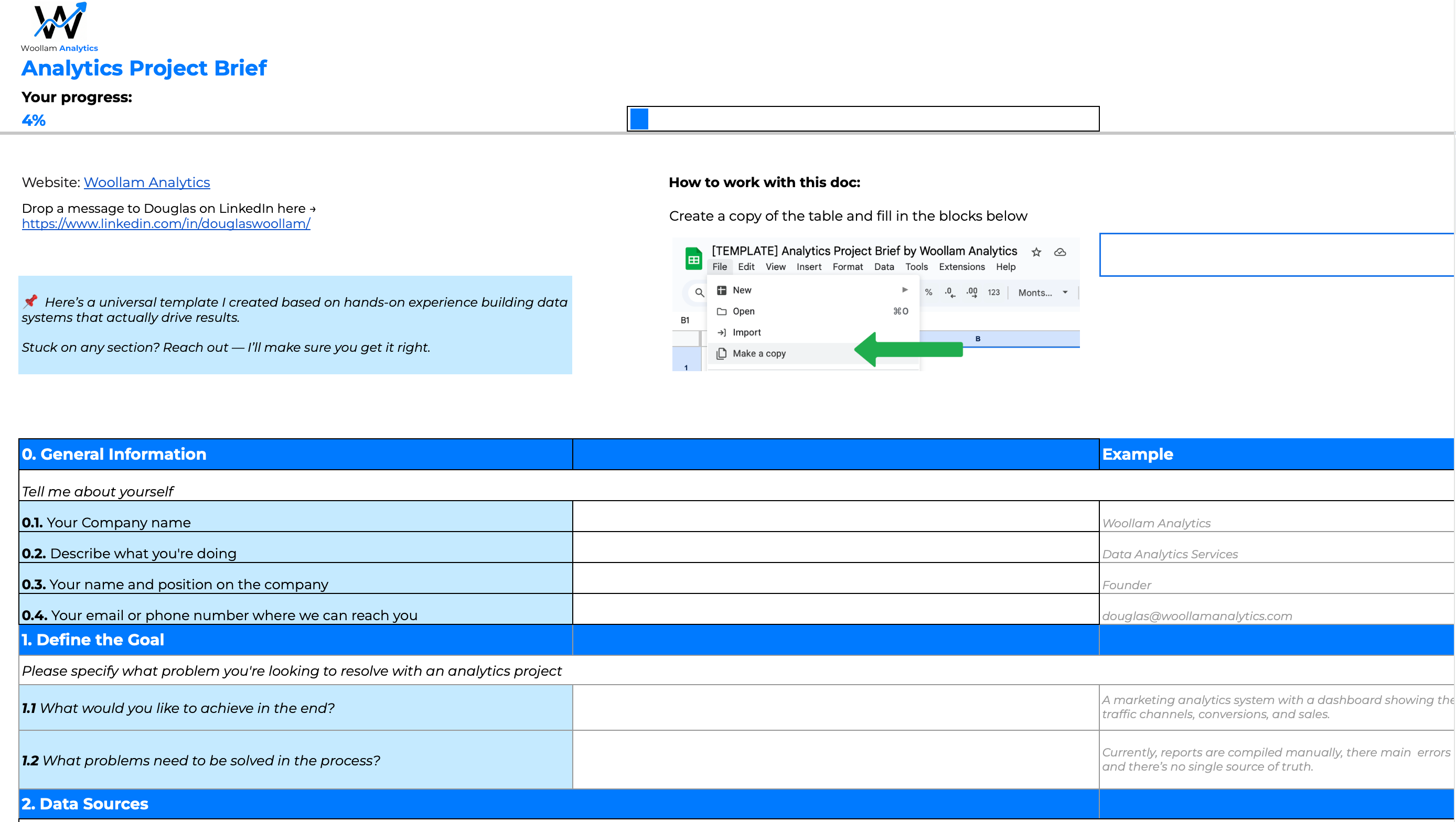 Analytics Project Brief: a Google Sheets template with sections for company info, goals and data sources to fill in before the build.